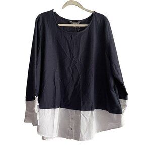 Alexander Jordan Wmn Plus 3X Navy/White Waffle Knit Bliuse Layer Hem Shirt NWT